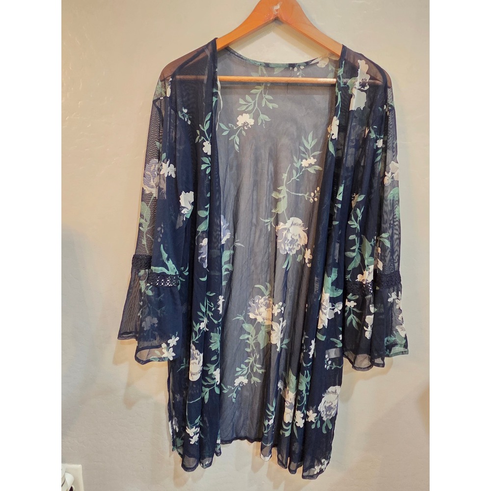 Navy Blue Floral Mesh Kimono Cardigan Crochet Lace Bell Sleeve One Size X7123